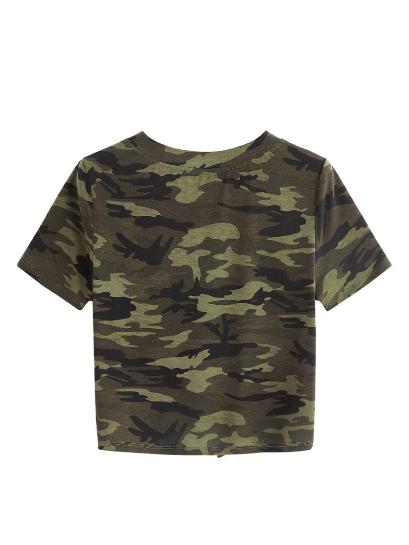 SweatyRocks Women's Short Sleeve Tie Dye Tie Hem Summer Crop T-Shirt Tops Blouse Camo Small - Image 2